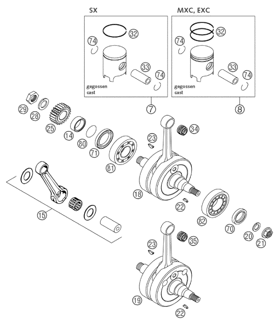 vue éclatée vilebrequin, piston - ktm 125 sx eu 2003