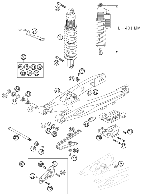 vue éclatée bras oscillant - ktm 105 sx eu 2006