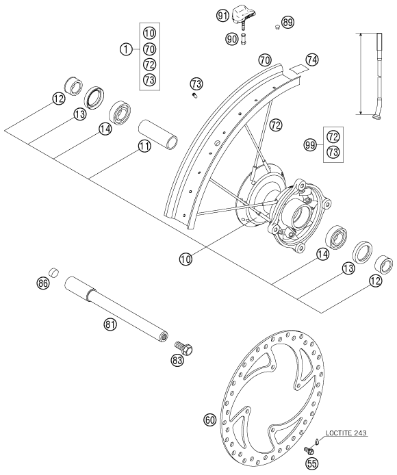 vue éclatée roue avant - ktm 105 sx eu 2006