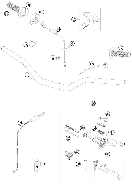 vue éclatée guidon, armatures - ktm 125 sx eu 2009