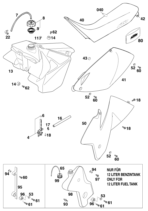 vue éclatée réservoir, selle - ktm 125 sx eu 2000