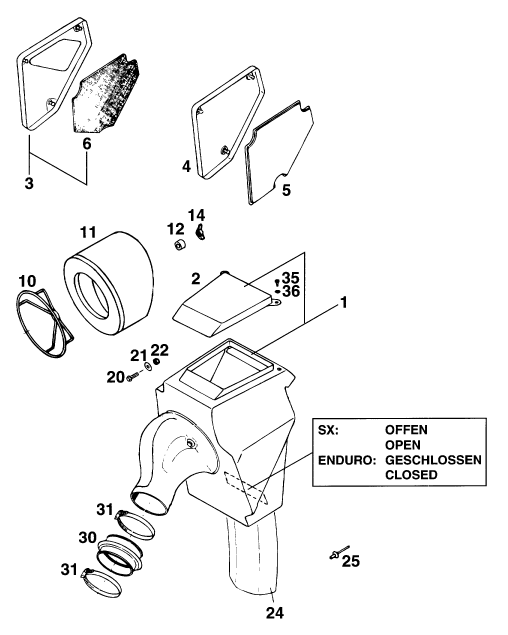vue éclatée filtre à air - ktm 125 sx eu 1994