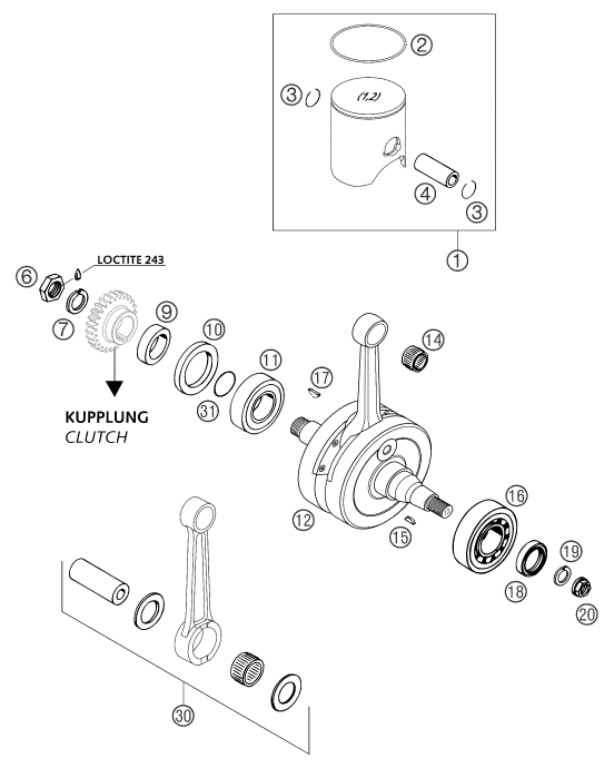 vue éclatée vilebrequin, piston - ktm 250 sx eu 2003