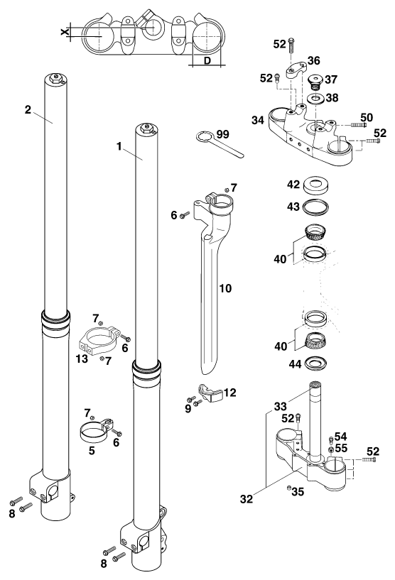 vue éclatée fourche téléscopique, té de fourche - ktm 250 sx '98 eu 1998