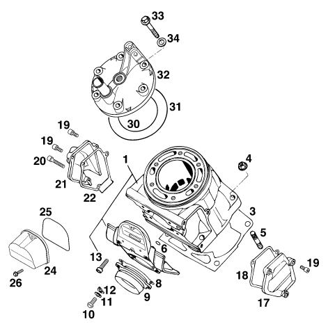vue éclatée cylindre - ktm 250 sx '98 eu 1998