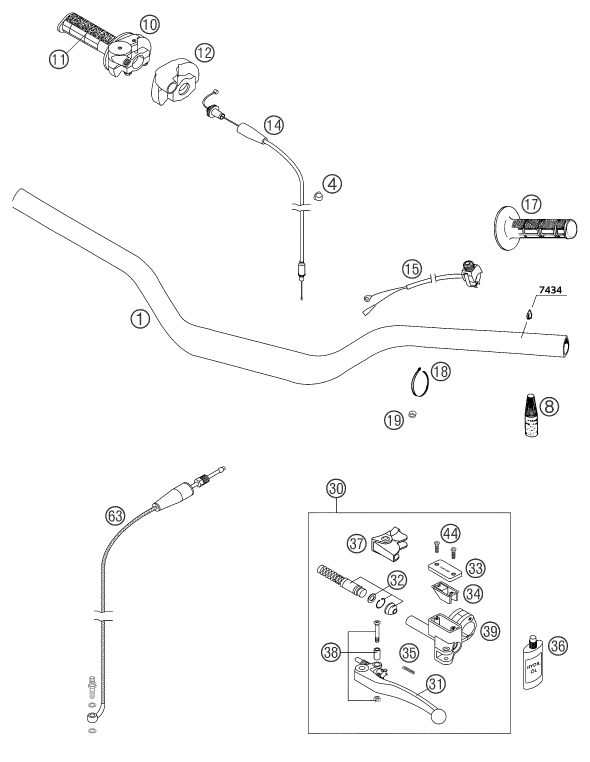 vue éclatée guidon, armatures - ktm 250 sxs eu 2003
