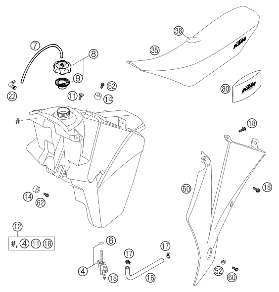 vue éclatée réservoir, selle - ktm 250 sxs eu 2003