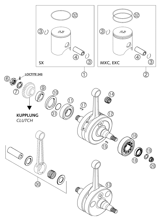 vue éclatée vilebrequin, piston - ktm 250 sxs eu 2004