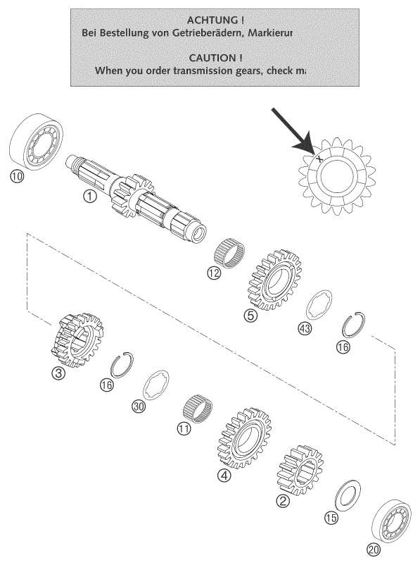 vue éclatée boîte de vitesse i - arbre primaire - ktm 250 sxs eu 2004