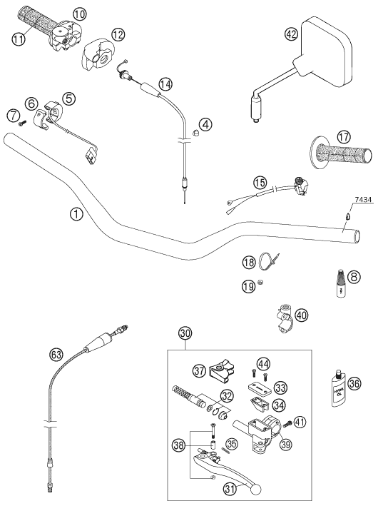 vue éclatée guidon, armatures - ktm 250 sxs eu 2005