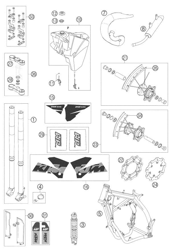 vue éclatée pièces neuves - ktm 250 sxs eu 2005