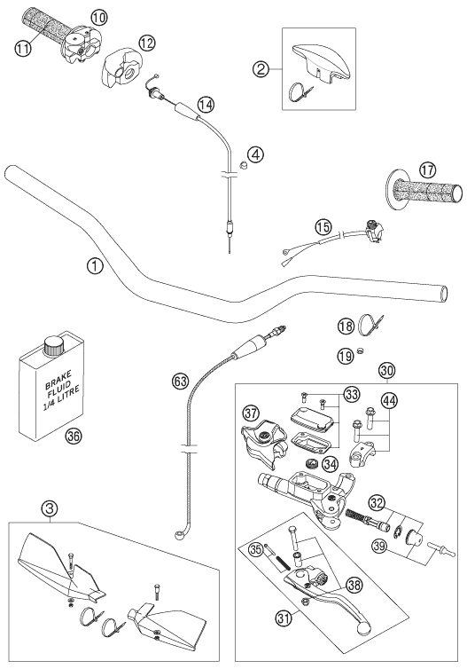 vue éclatée guidon, armatures - ktm 250 sxs eu 2006