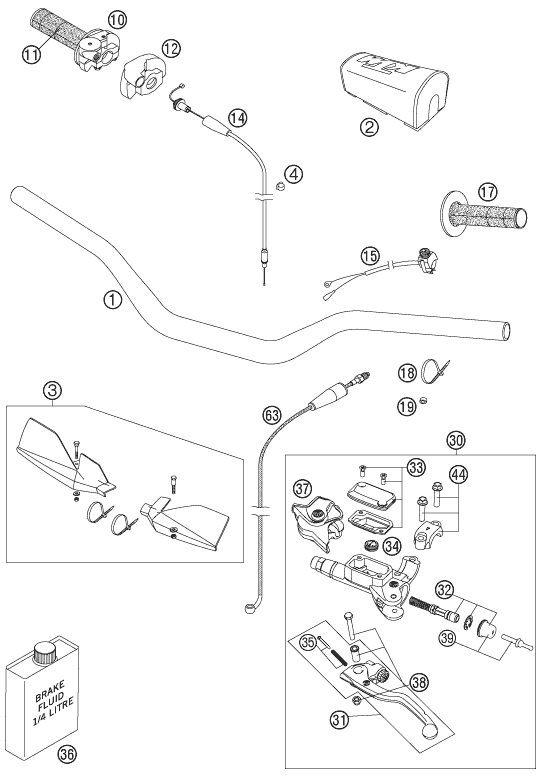 vue éclatée guidon, armatures - ktm 250 sxs eu 2007