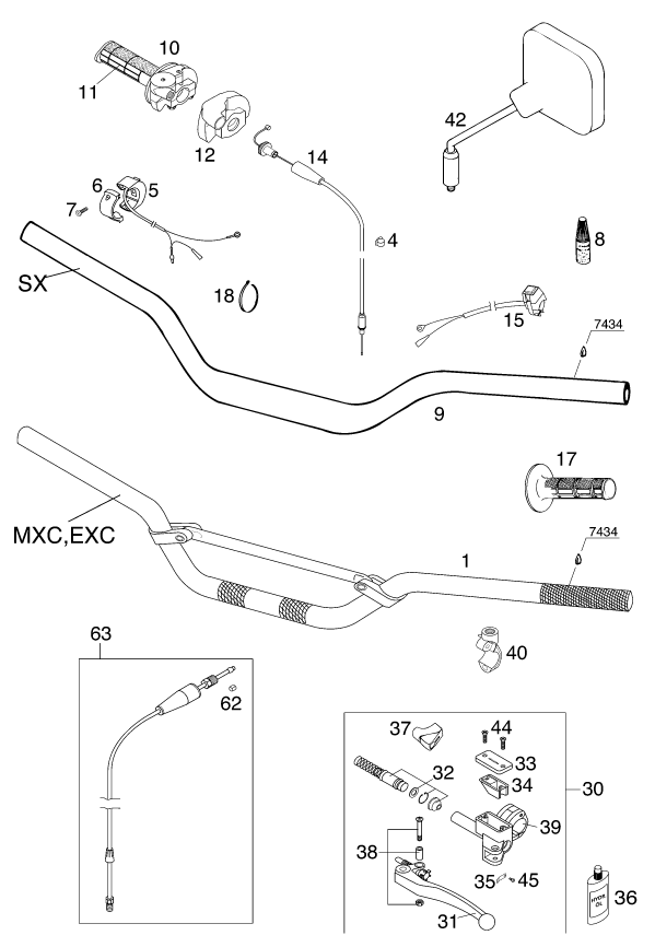 vue éclatée guidon, armatures - ktm 250 sx eu 2001