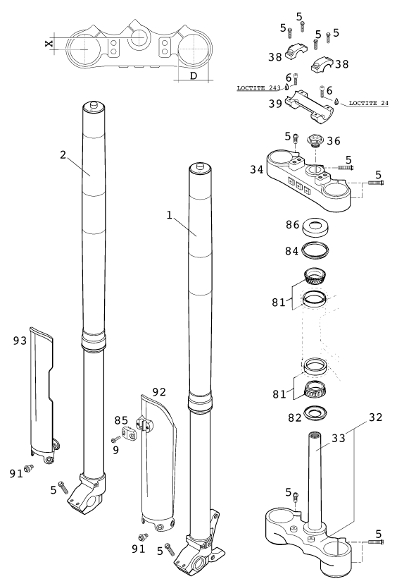 vue éclatée fourche téléscopique, té de fourche - ktm 250 sx eu 2001