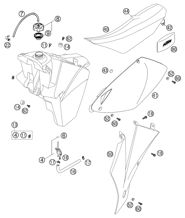 vue éclatée réservoir, selle - ktm 380 sx eu 2002