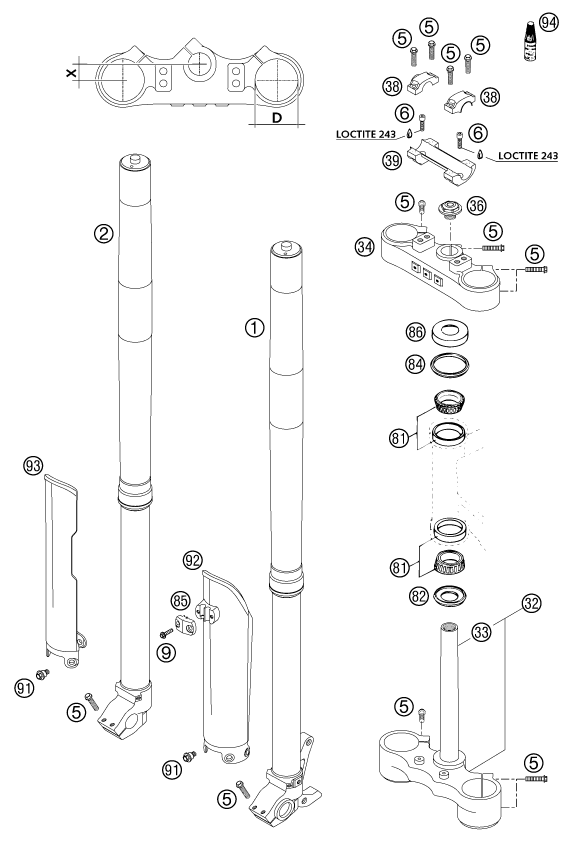vue éclatée fourche téléscopique, té de fourche - ktm 380 sx eu 2002