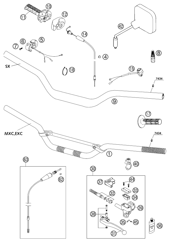 vue éclatée guidon, armatures - ktm 380 sx eu 2002