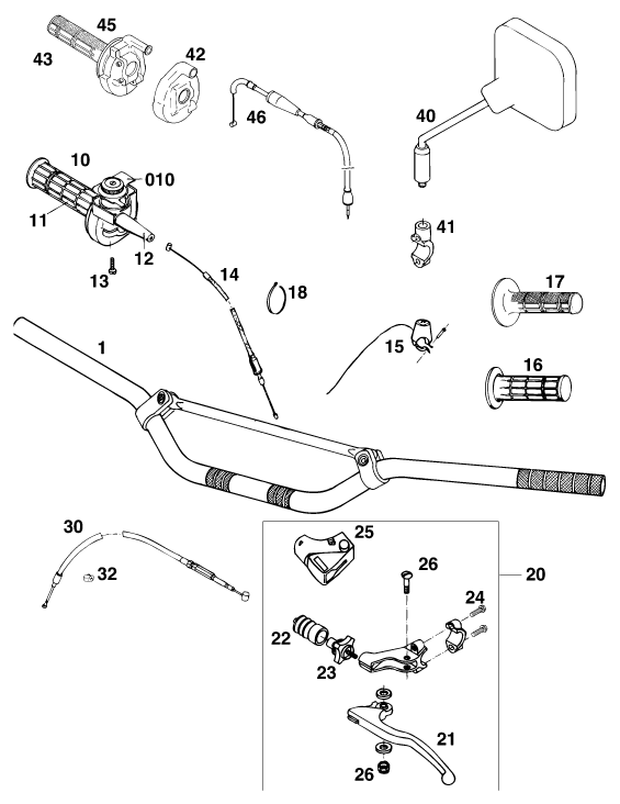 vue éclatée guidon, armatures - ktm 125 e-gs wp fr 1995