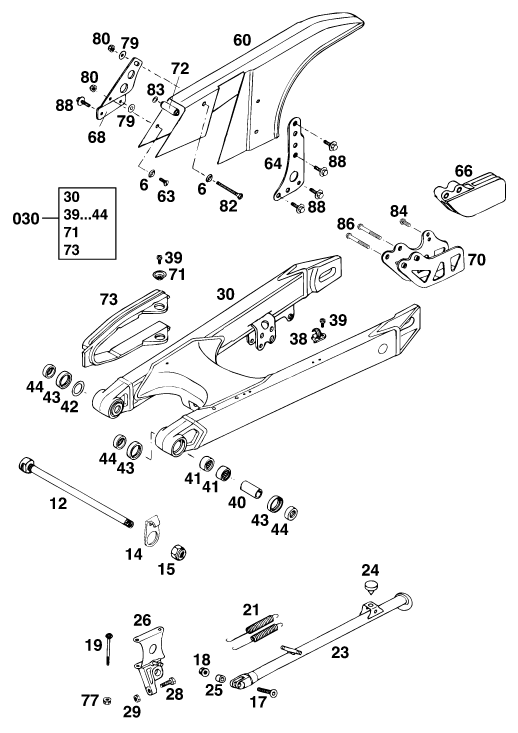 vue éclatée bras oscillant - ktm 125 e-gs eu 1994