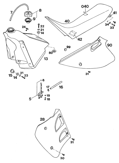 vue éclatée réservoir, selle - ktm 125 e-gs eu 1994