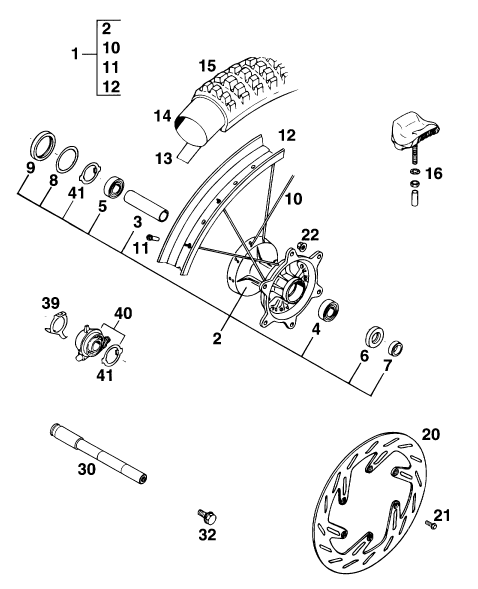 vue éclatée roue avant - ktm 125 e-gs eu 1994