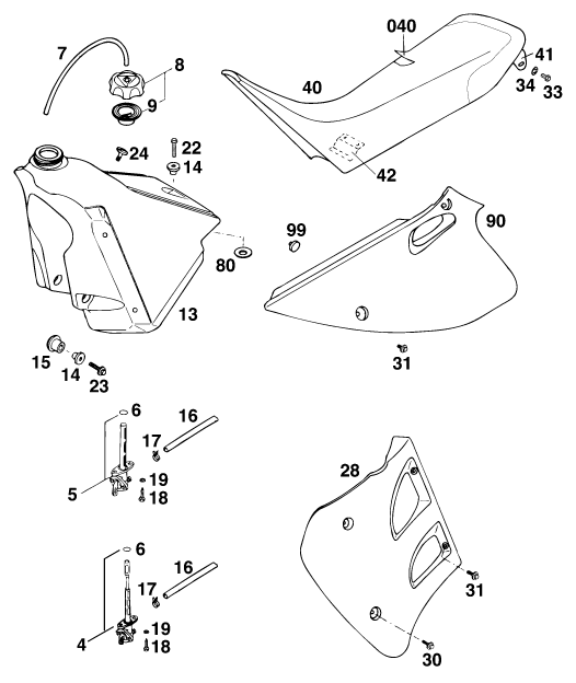 vue éclatée réservoir, selle - ktm 125 e-gs wp eu 1995