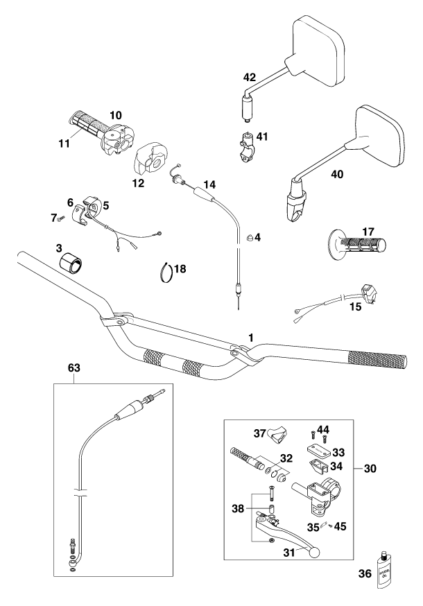 vue éclatée guidon, armatures - ktm 125 egs 6kw eu 2001