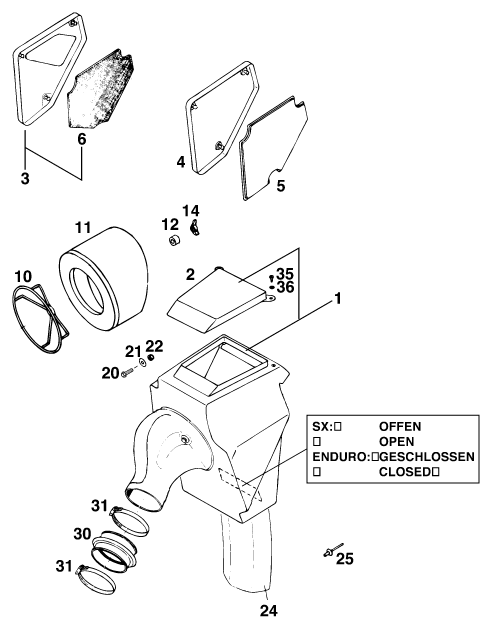 vue éclatée filtre à air - ktm 125 e-gs wp 1995