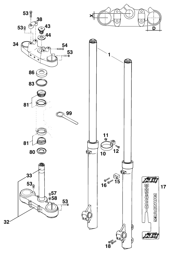 vue éclatée fourche téléscopique, té de fourche - ktm 125 e-gs wp 1995