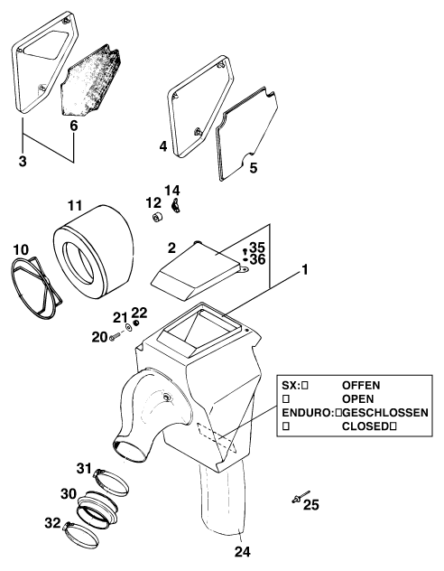 vue éclatée filtre à air - ktm 125 egs m/ö 1996