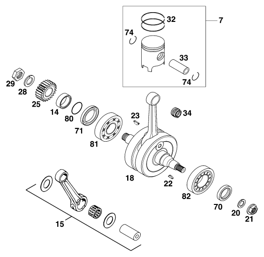 vue éclatée vilebrequin, piston - ktm 125 exc 2000 eu 2001