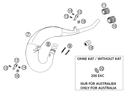 vue éclatée système d'echappement - ktm 125 exc six-days eu 2001