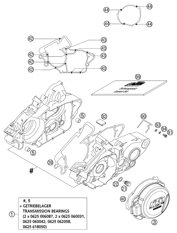 vue éclatée carter moteur - ktm 125 exc eu 2002