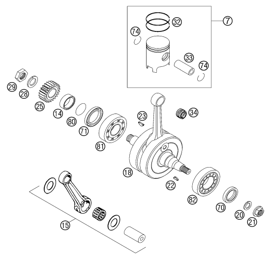 vue éclatée vilebrequin, piston - ktm 125 exc eu 2002