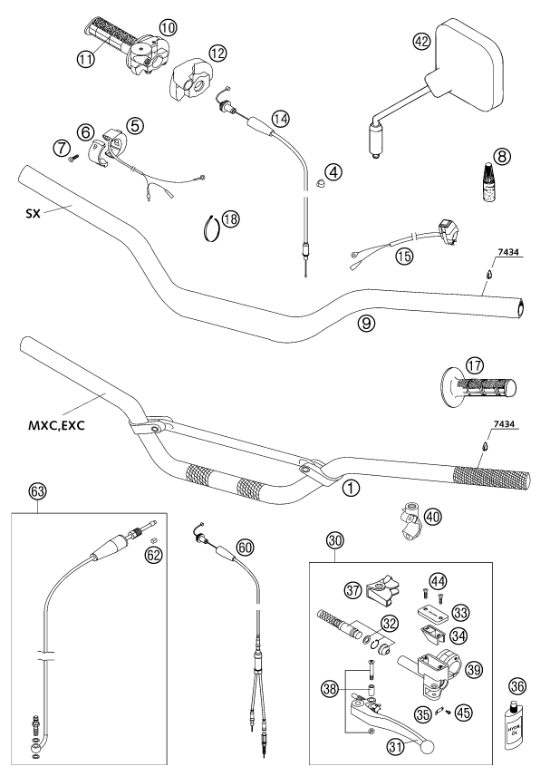 vue éclatée guidon, armatures - ktm 125 exc six-days eu 2002