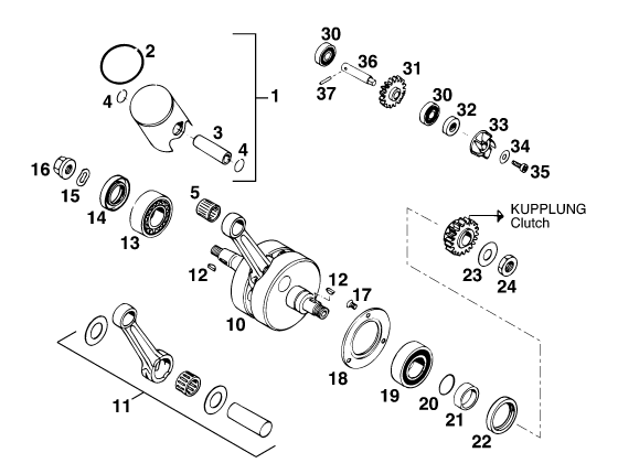 vue éclatée vilebrequin, piston - ktm 125 exc m/ö eu 1997