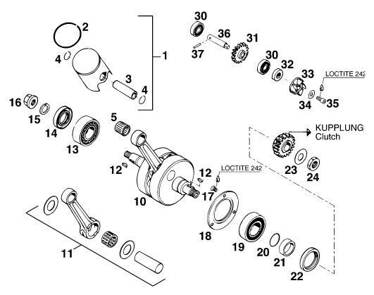 vue éclatée vilebrequin, piston - ktm 125 exc m/ö eu 1997