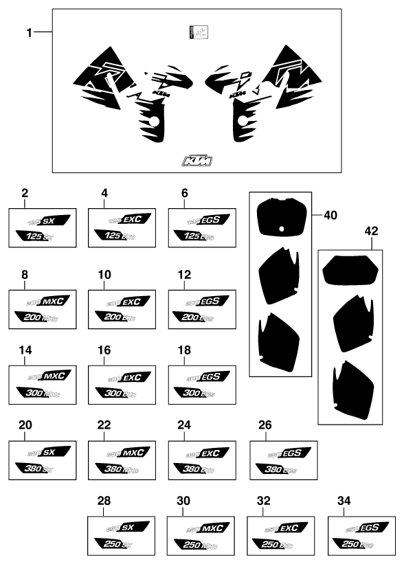 vue éclatée kit déco - ktm 125 exc '99 eu 1999