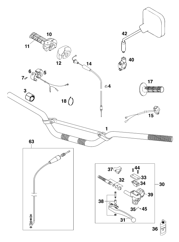 vue éclatée guidon, armatures - ktm 125 exc '99 eu 1999