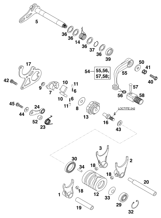 vue éclatée mécanisme de sélection - ktm 125 exc '99 eu 1999