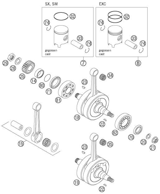 vue éclatée vilebrequin, piston - ktm 125 exc six-days eu 2005