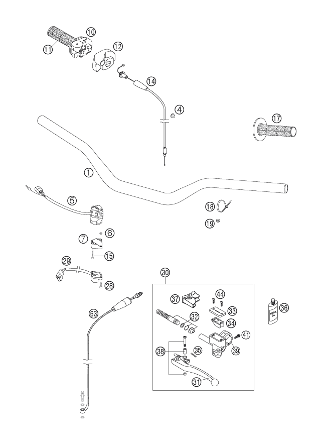 vue éclatée guidon, armatures - ktm 125 exc six-days eu 2006