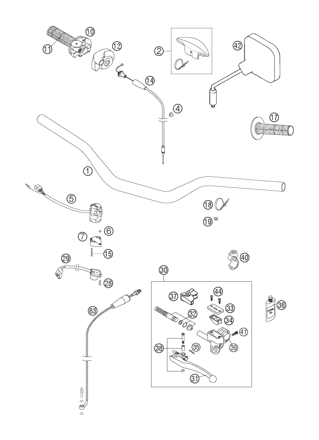 vue éclatée guidon, armatures - ktm 125 exc eu 2007