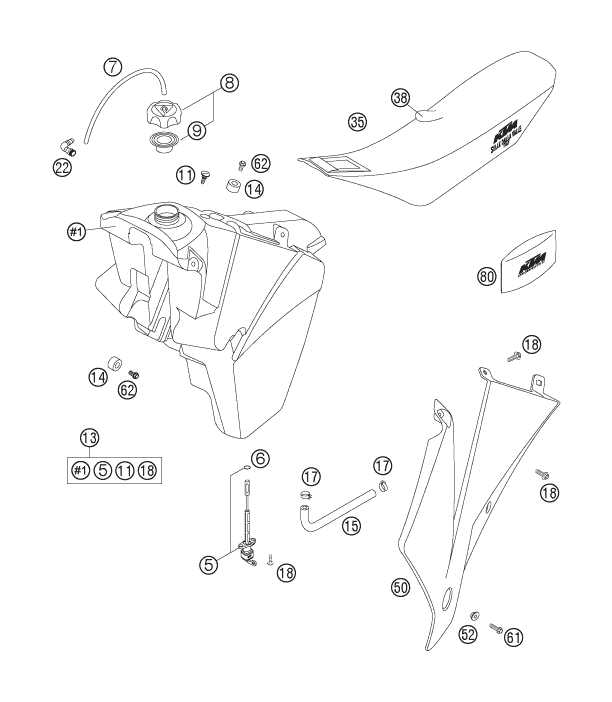 vue éclatée réservoir, selle - ktm 125 exc six-days eu 2007