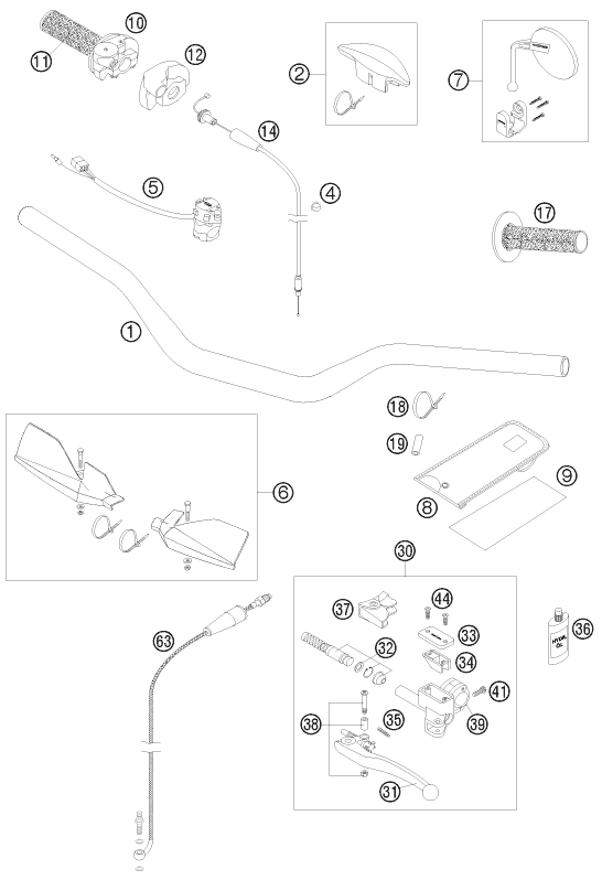 vue éclatée guidon, armatures - ktm 125 exc six-days eu 2008