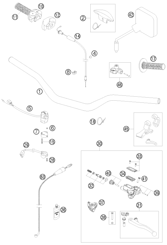 vue éclatée guidon, armatures - ktm 125 exc eu 2009