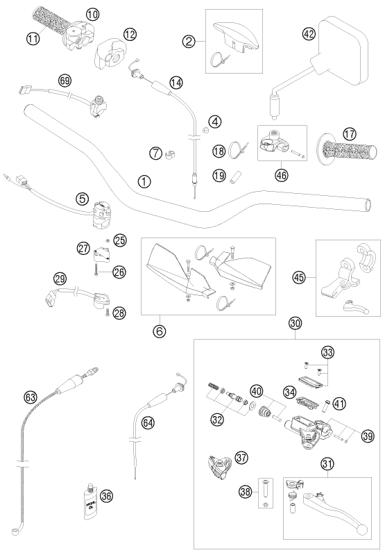 vue éclatée guidon, armatures - ktm 125 exc six-days eu 2009