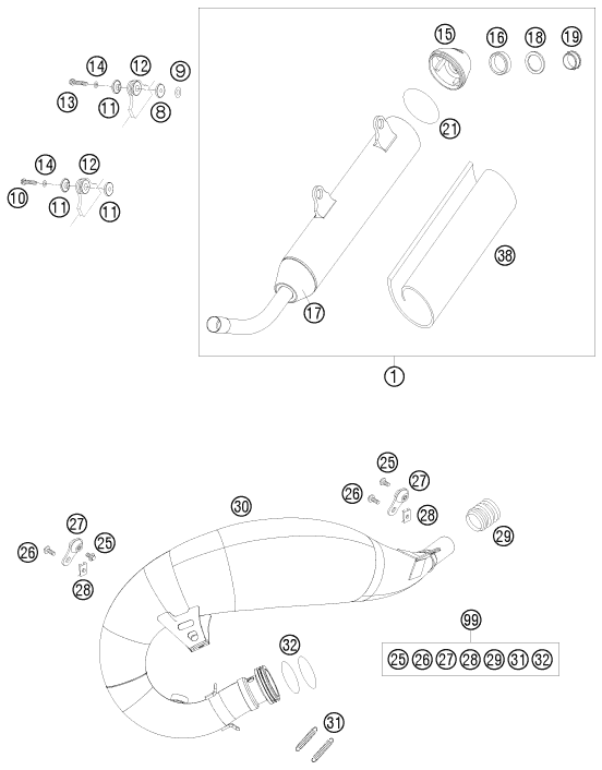 vue éclatée système d'echappement - ktm 125 exc six-days eu 2009