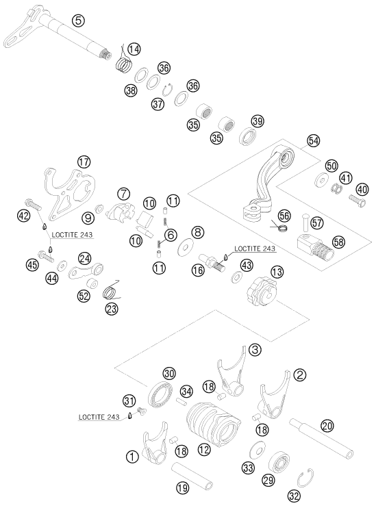 vue éclatée mécanisme de sélection - ktm 125 exc six-days eu 2010